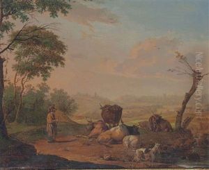 A Young Herdsman Watering His Cattle And Goats, A Village And Windmill Beyond by Nicholas Henri Joseph Fassin