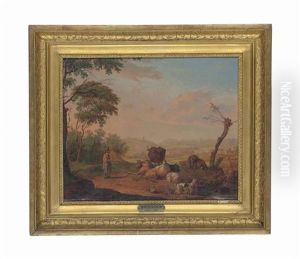 A Young Herdsman Watering His Cattle And Goats, A Village And Windmill Beyond
