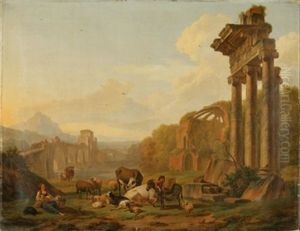 Bergers Et Troupeau Dans Un Paysage Italianisant Avec Ruines by Nicholas Henri Joseph Fassin