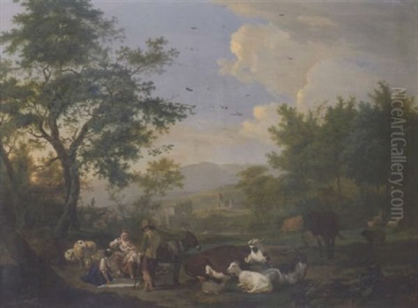 A Shepherd And His Family Resting Amongst Their Livestock In A Wooded Landscape With A Bridge Over A River Beyond - view 1