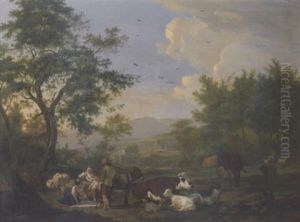 A Shepherd And His Family Resting Amongst Their Livestock In A Wooded Landscape With A Bridge Over A River Beyond by Nicholas Henri Joseph Fassin