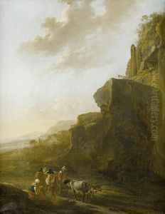 A Rocky Landscape With Four Figures Conversing In The Foreground by Jan Asselyn