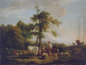 A Cowherd And A Shepherdess On A Riverbank, In An Italianate Landscape