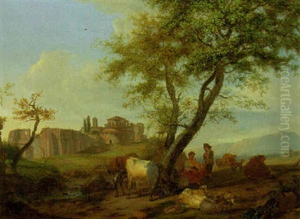 An Italianate Landscape With A Shepherd's Family Resting Under A Tree, A Hilltop Town Beyond - view 1