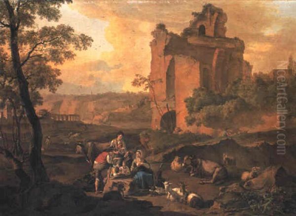 Italianate Landscape With Peasants Resting By Classical Ruins - view 1