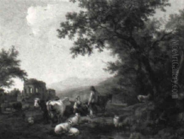 Peasant Couple With Donkey, Dog, Cows, Goats And Sheep In A Landscape - view 1