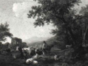 Peasant Couple With Donkey, Dog, Cows, Goats And Sheep In A Landscape by Nicholas Henri Joseph Fassin