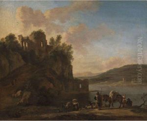 An Italianate River Landscape With Herders On A Path With Their Flock And Donkeys, Classical Ruins On A Hilltop Beyond by Jan Asselyn