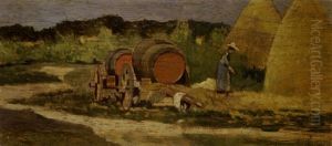Le Botti Rosse - Or Campagna Con Carri, Contadina E Pagliai by Giovanni Fattori