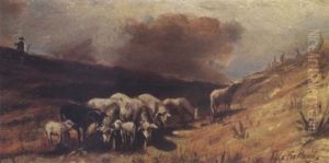 Cows And Sheep In A Stormy Landscape by Giovanni Fattori
