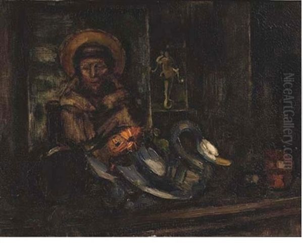 A Still Life With Vases On A Table And A Portrait Of A Saint - view 1