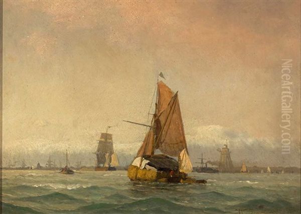 Segelschiffe Und Dampfer Vor Hafeneinfahrt - view 1
