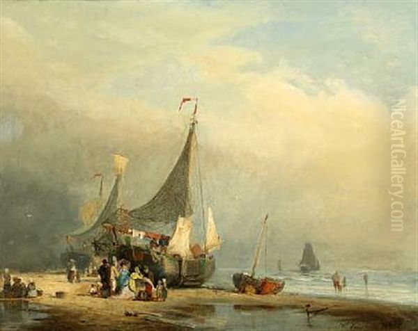 River Scene From Dusseldorf With Sailing Boats And People On The Shore - view 1