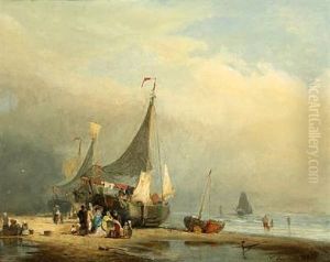 River Scene From Dusseldorf With Sailing Boats And People On The Shore by Viggo Fauerholdt