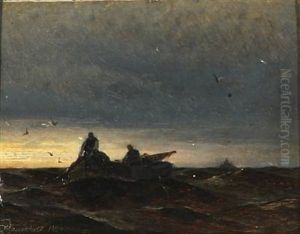 Fishermen On The Ocean At Sunset by Viggo Fauerholdt