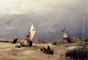 Marine Med Sejlskibe Og Molle Ved En Flodudmunding, Holland Marine Med Sejlskibe Og Molle Ved En Flodudmunding, Holland