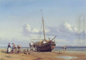 Folkeliv Ved Optrukket Bad Pa Stranden, Fano