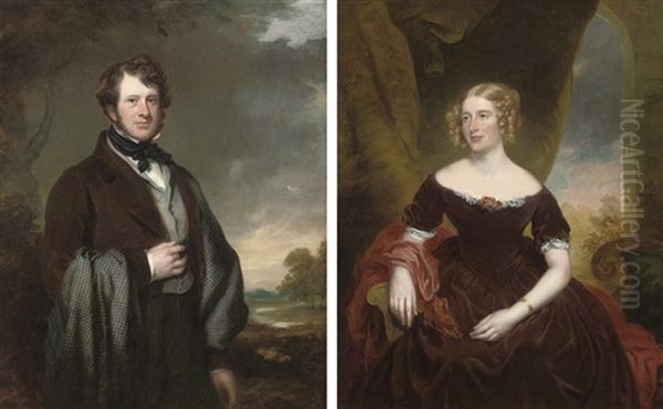 Portrait Of Sir Digby Cayley, 7th Bt. In A Brown Coat, A Landscape Beyond (+ Portrait Of Lady Cayley In A Maroon Dress, A Landscape Beyond; Pair) - view 1