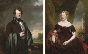 Portrait Of Sir Digby Cayley, 7th Bt. In A Brown Coat, A Landscape Beyond (+ Portrait Of Lady Cayley In A Maroon Dress, A Landscape Beyond; Pair) by Benjamin Rawlinson Faulkner