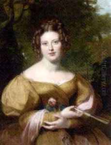 Portrait Of Mrs Peel Wearing A Gold Dress With A Pink Shawl, Holding A Rose And Fan, A Landscape Beyond