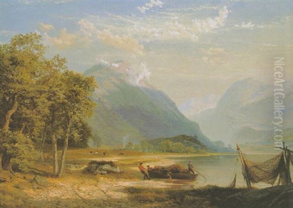 Figures Hauling In The Nets In An Irish Lake Landscape - view 1