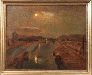 Flusufer-landschaft Bei Mondschein by Amandus Faure