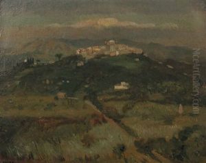 Italienische Hugellandschaft Mit Blick Auf Einen Ort Auf Der Kuppe by Amandus Faure