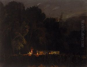 Tarantella-tanzerin Einer Fahrenden Truppe Vor Zahlreichem Publikum Auf Nachtlicher Lichtung by Amandus Faure