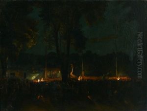 Nachtliche Veranstaltung Im Wald Bei Feuerschein by Amandus Faure