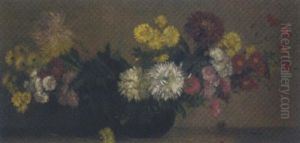 Chrysanthemums And Marigolds In A Vase by Amandus Faure