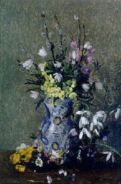 Fruhlingsstrause In Fayence-vase, Henkelkrugchen Und Kleiner Schale - view 1