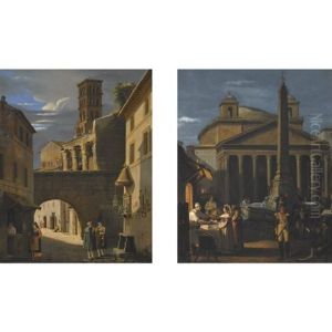 Rome, A Street Scene Near The Pantheon With Figures Making Music Before An Altar (+ Rome, A Night View With Figures And Soldiers In Front Of The Pantheon, Smllr; Pair) by Jean Victor Louis Faure