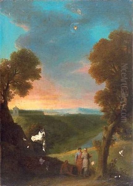 Personnages Vetus A L'antique Devant Un Paysage De Riviere - view 1