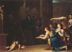 A Priestess And Young Maidens Making An Offering To A Statue Of Flora by Henri-Antoine de Favanne
