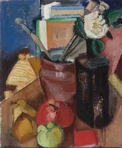 Stilleben Med Frukt, Pensler Og Blomster