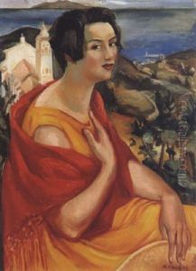 Portrait De Femme Dans Un Paysage by Andre Favory