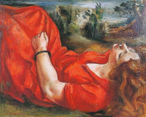 Femme A La Robe Rouge Allongee - view 1