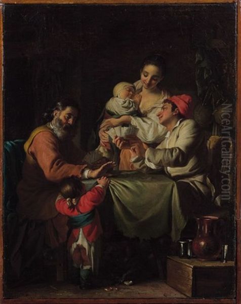 Famille Jouant Aux Cartes Dans Un Interieur Rustique - view 1