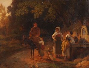 Romische Landfrauen Am Brunnen Und Ein Kapuziner Auf Einem Esel by Josef Fay