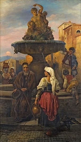 Junge Frau Und Bettler An Einem Romischen Brunnen - view 1