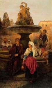 Junge Frau Und Bettler An Einem Romischen Brunnen, Im Wasserbecken Spielende Kinder