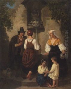 Italienischer Brunnen, Vor Dem Frauen, Kinder Und Ein Wanderer Beim Wasserschopfen Stehen by Josef Fay