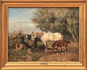 Bauer Mit Pferden Und Esel Bei Der Rast An Einer Tranke by Ludwig Benno Fay