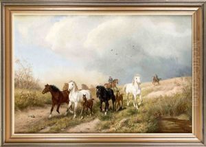 Eine Herde Von Wildpferden In Weiter Landschaft, Die Von Bauern Zusammengetrieben Wird by Ludwig Benno Fay