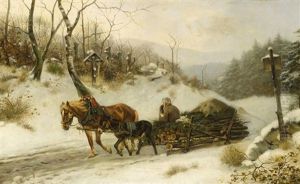Winterwald Mit Einem Holzschlitten Winterwald Mit Einem Holzschlitten