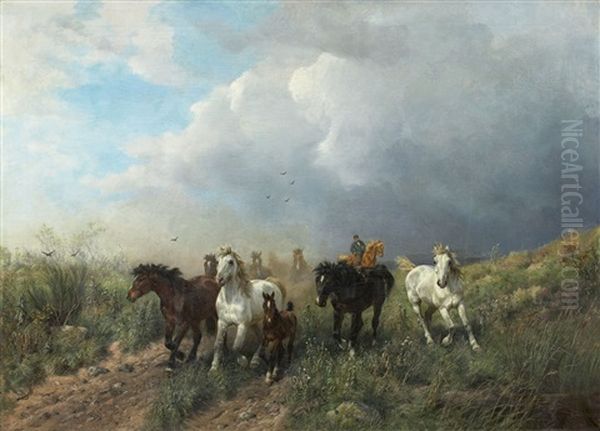 Wiesenlandschaft Mit Trabenden Pferden - view 1