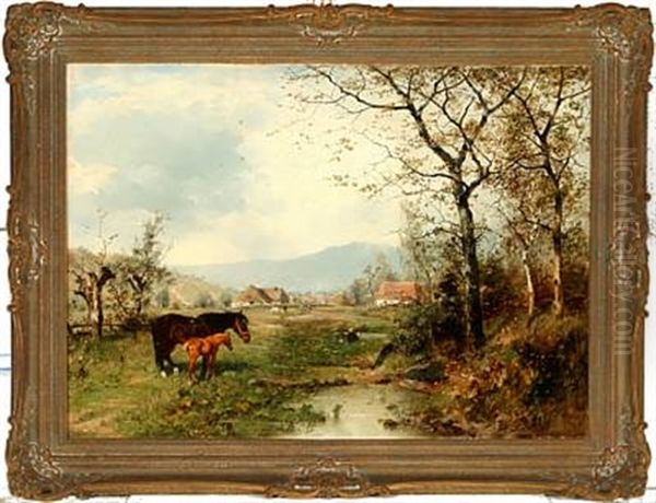 Autumn Landscape With Horses Near A Village - view 1