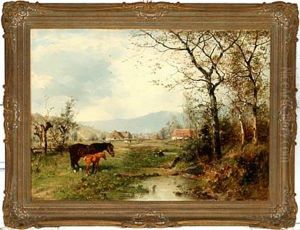 Autumn Landscape With Horses Near A Village by Ludwig Benno Fay