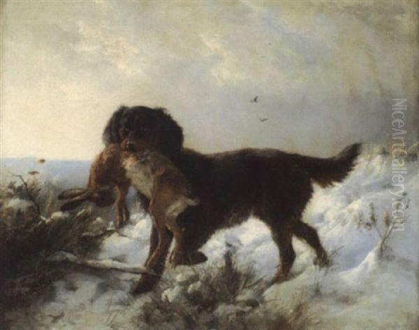 Jagdhund Im Schnee Mit Erlegtem Hasen - view 1