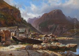 Fjordlandskap Med Bater Og Naust, Graven (granvin I Hardanger)